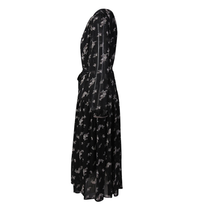 DEAT elegant dress flower print high waist o neck long sleeve slim lace-up dresses 2025 spring new fashion GYF8837