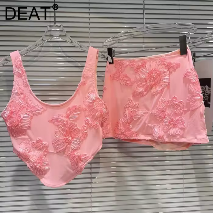 DEAT 2024 New Arrival Fashion Women's Two-pieces Set Solid Color Zipper Tank Tops High Waist A-line Mini Skirt Female 11A01025