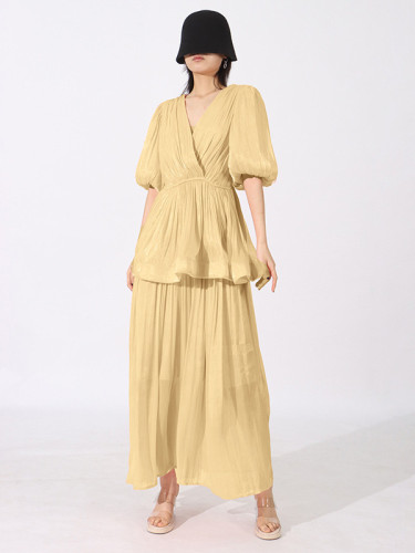 DEAT elegant dress flounce fold spliced solid color high waist v neck short sleeve slim women's dresses 2025 spring new fashion KSG9969