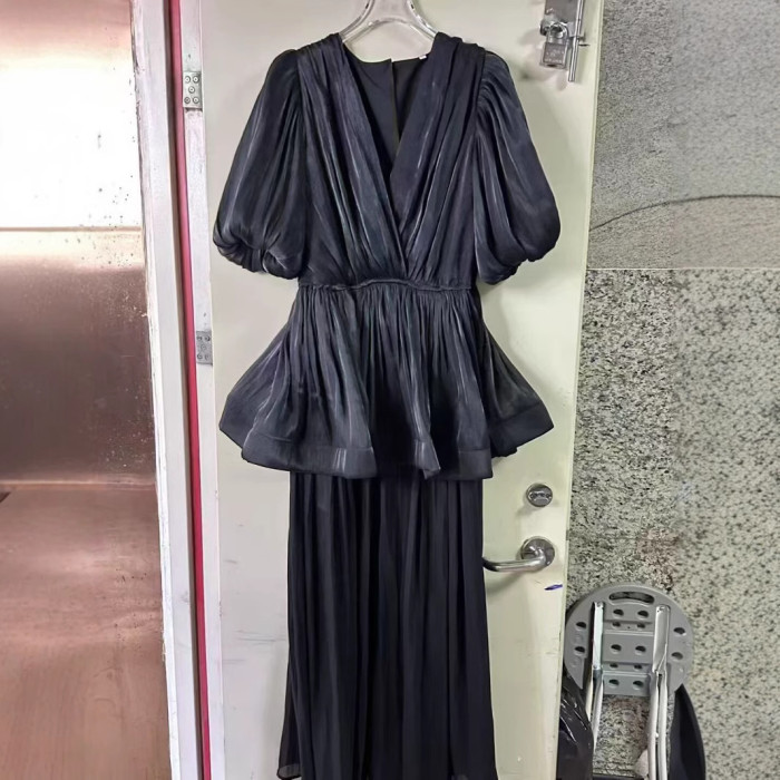 DEAT elegant dress flounce fold spliced solid color high waist v neck short sleeve slim women's dresses 2025 spring new fashion KSG9969