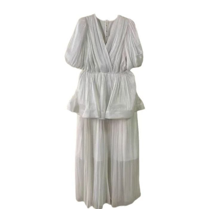 DEAT elegant dress flounce fold spliced solid color high waist v neck short sleeve slim women's dresses 2025 spring new fashion KSG9969