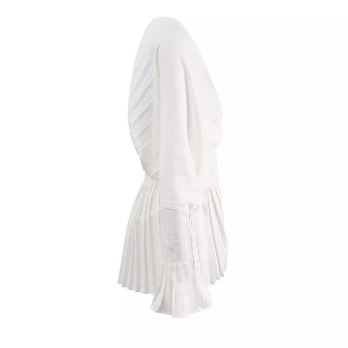DEAT causal fold v neck solid color flare sleeve high waist pullover slim women's shirt 2025 spring new fashion 17A7295