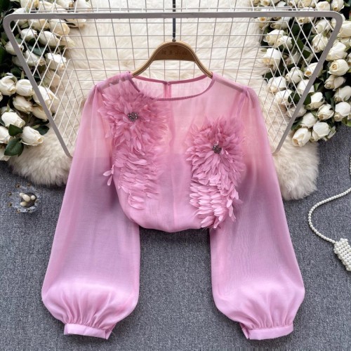 DEAT causal 3D flower diamonds spliced solid color high waist puff sleeve pullover slim women's shirt 2025 summer fashion DLZ1127