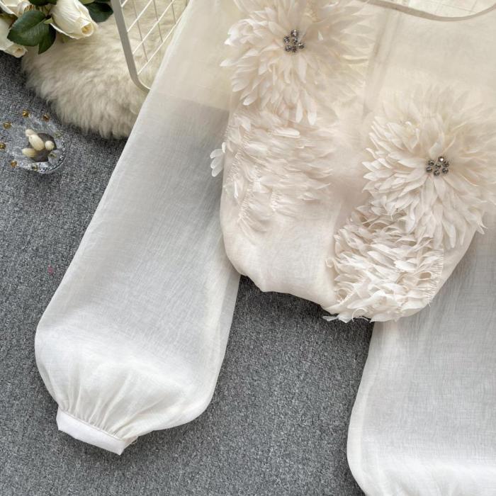 DEAT causal 3D flower diamonds spliced solid color high waist puff sleeve pullover slim women's shirt 2025 summer fashion DLZ1127