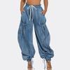 [EAM] High Waist Khaki Drawstring Pockets Denim Long Wide Leg Pants New Trousers Women Fashion Tide Spring Autumn 2025 11A0731