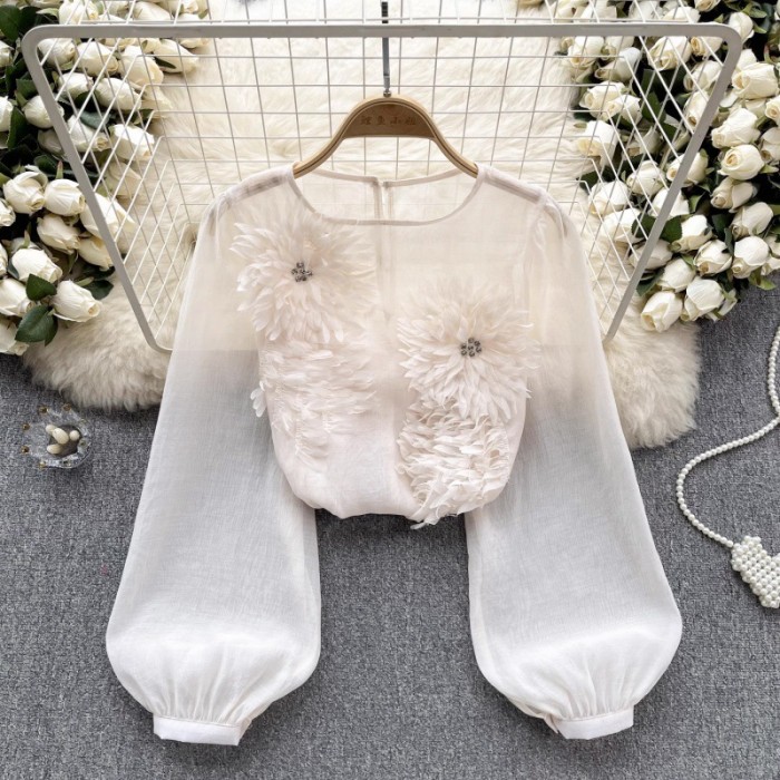 DEAT causal 3D flower diamonds spliced solid color high waist puff sleeve pullover slim women's shirt 2025 summer fashion DLZ1127