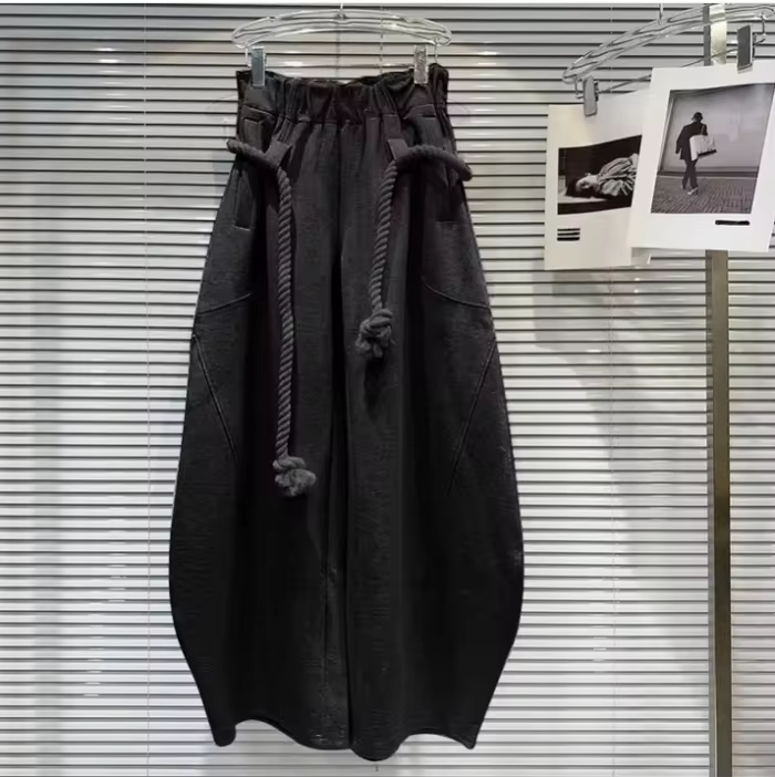 Fashion New Women's Cotton Rope Design Casual Pants  Autumn Trendy Elastic High Waist Wide Leg Trousers Female 33A1851