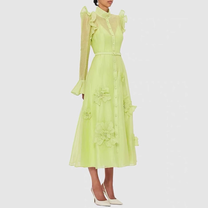 DEAT elegant dress single breasted 3D flower belt spliced solid color high waist flare sleeve slim women's dresses 2025 spring new fashion DLZ1129