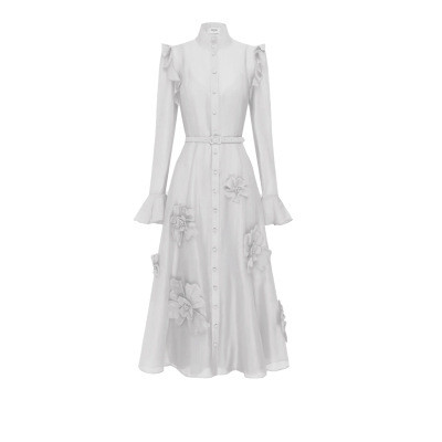 DEAT elegant dress single breasted 3D flower belt spliced solid color high waist flare sleeve slim women's dresses 2025 spring new fashion DLZ1129