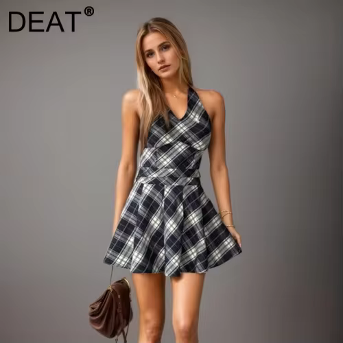 DEAT Fashion Checked Dress Women's V Neck Hanging Neck Sleeveless High Waist Dresses Summer New Tide 7AB9126