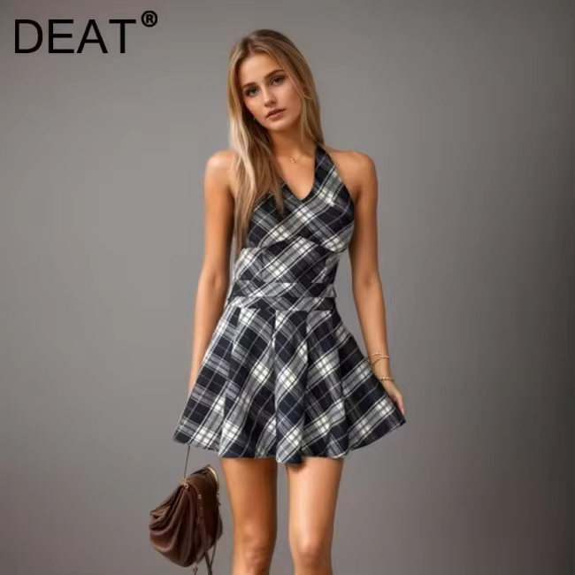 DEAT Fashion Checked Dress Women's V Neck Hanging Neck Sleeveless High Waist Dresses Summer New Tide 7AB9126