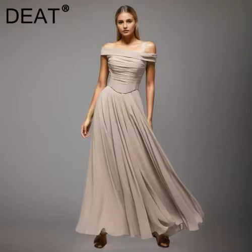 DEAT Fashion Off Shoulder Fishbone Dress Women's Slash Neck Slim Fit Sleeveless Patchwork Big Swing Dresses Summer New Tide 35Z1716