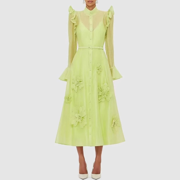DEAT elegant dress single breasted 3D flower belt spliced solid color high waist flare sleeve slim women's dresses 2025 spring new fashion DLZ1129