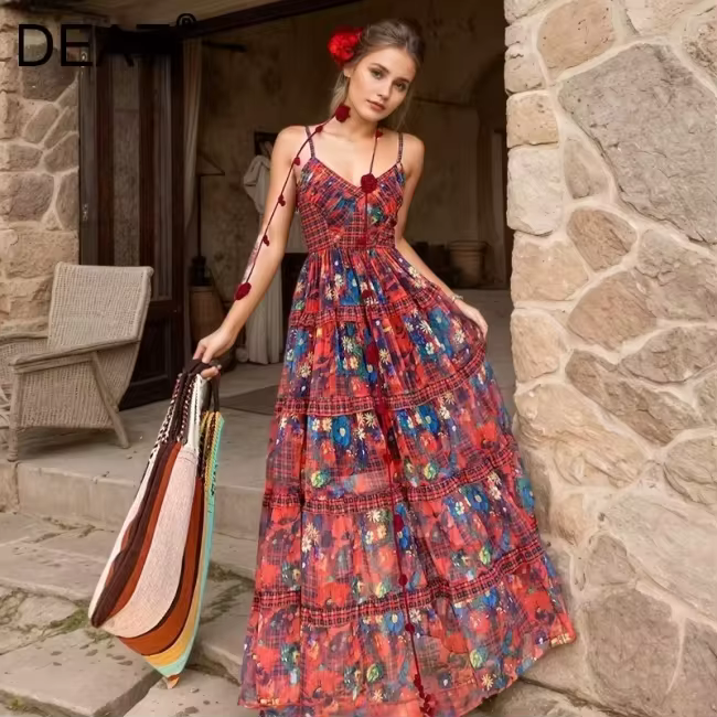 DEAT Fashion Floral Dress Women's V Neck Camisole Sleeveless Waist Retraction Dresses Summer New Tide 7AB9127