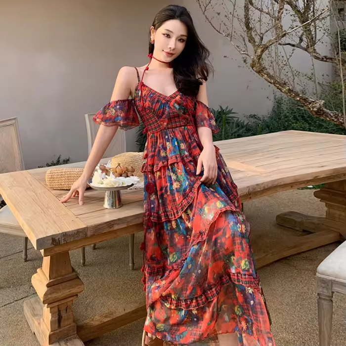 DEAT Fashion Floral Dress Women's V Neck Camisole Sleeveless Waist Retraction Dresses Summer New Tide 7AB9127