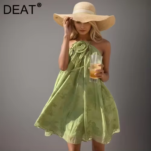 DEAT Fashion Embroidery Jacquard Dress Women's Loose Sleeveless Hanging Neck Vest Dresses Summer New Tide 7AB9128