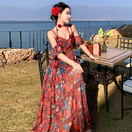 DEAT Fashion Floral Dress Women's V Neck Camisole Sleeveless Waist Retraction Dresses Summer New Tide 7AB9127
