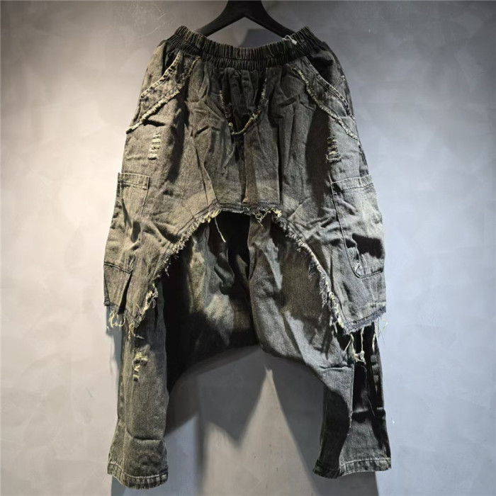 DEAT Hip-hop style rinsing tassel gradation hole pockets spliced high waist trousers 2025 spring summer fashion DLZ1130