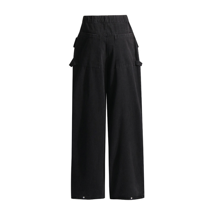 DEAT fashion rinsing zipper pockets spliced solid color high waist Wide-leg pants 2025 spring summer new tide DLZ1132