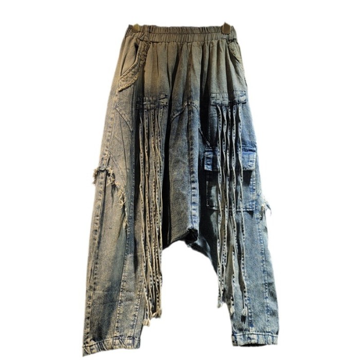 DEAT Hip-hop style rinsing tassel lace-up gradation hole pockets spliced high waist trousers 2025 spring summer fashion DLZ1131