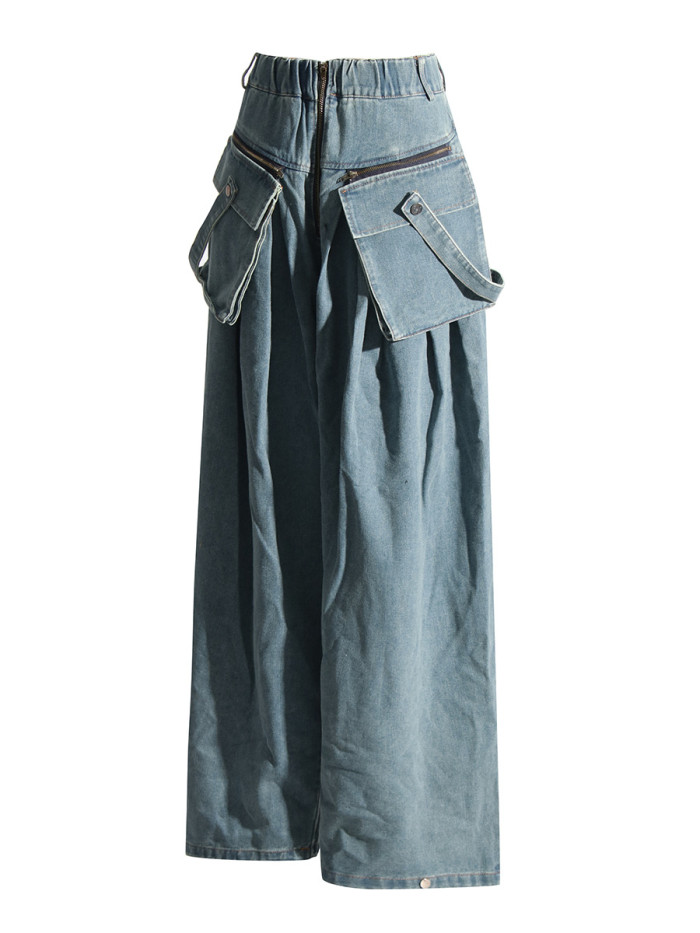 DEAT fashion rinsing zipper pockets spliced solid color high waist Wide-leg pants 2025 spring summer new tide DLZ1132