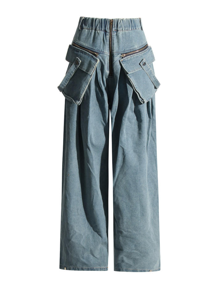 DEAT fashion rinsing zipper pockets spliced solid color high waist Wide-leg pants 2025 spring summer new tide DLZ1132