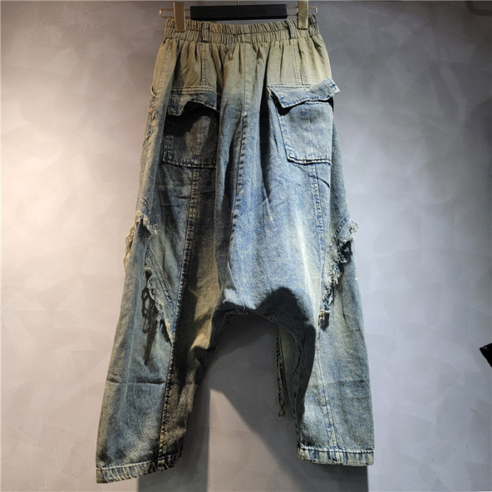 DEAT Hip-hop style rinsing tassel lace-up gradation hole pockets spliced high waist trousers 2025 spring summer fashion DLZ1131