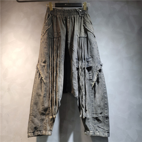 DEAT Hip-hop style rinsing tassel lace-up gradation hole pockets spliced high waist trousers 2025 spring summer fashion DLZ1131