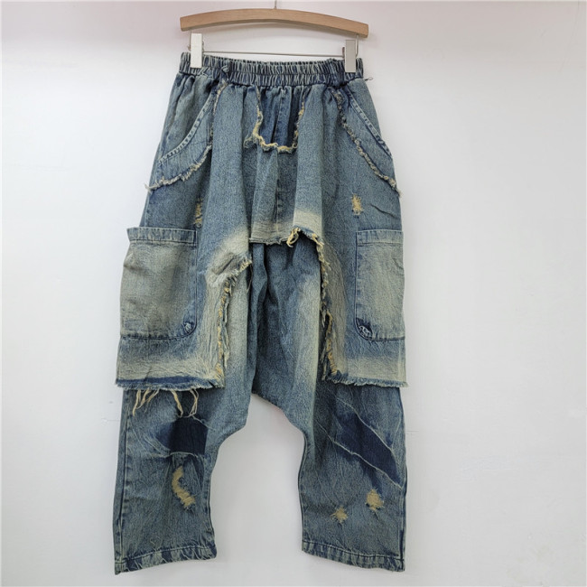 DEAT Hip-hop style rinsing tassel gradation hole pockets spliced high waist trousers 2025 spring summer fashion DLZ1130