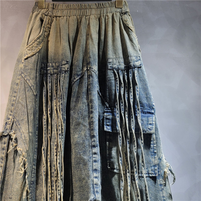 DEAT Hip-hop style rinsing tassel lace-up gradation hole pockets spliced high waist trousers 2025 spring summer fashion DLZ1131