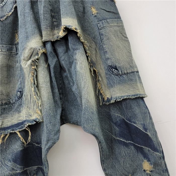 DEAT Hip-hop style rinsing tassel gradation hole pockets spliced high waist trousers 2025 spring summer fashion DLZ1130