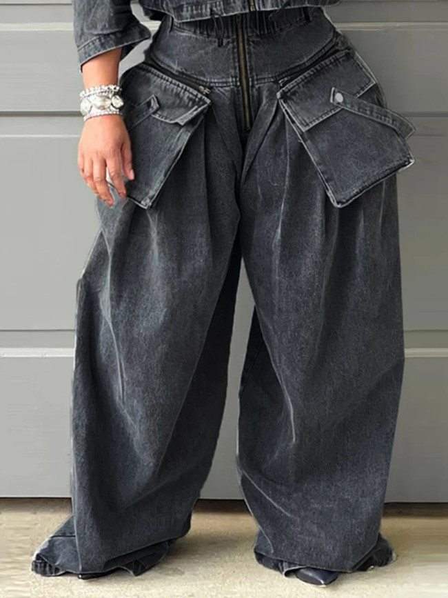 DEAT fashion rinsing zipper pockets spliced solid color high waist Wide-leg pants 2025 spring summer new tide DLZ1132