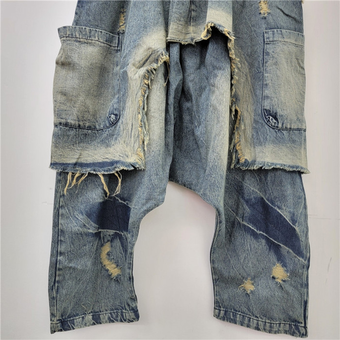 DEAT Hip-hop style rinsing tassel gradation hole pockets spliced high waist trousers 2025 spring summer fashion DLZ1130
