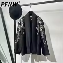 PFNW Embroidered Buttonless Loose Cardigan Suit Vintage Fashion Men's Casual Niche Design Black Blazers 2025 Spring New 12C2030
