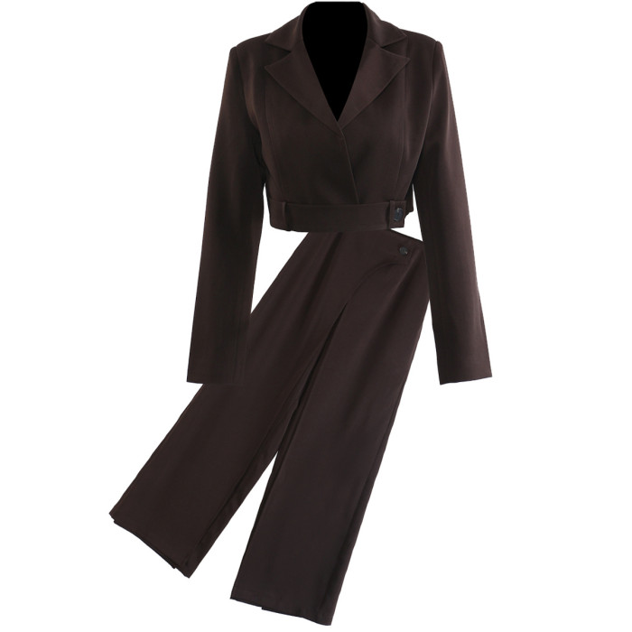 DEAT causal 2 pcs set v neck solid color long sleeve short coat Irregular high waist single button women's suit 2025 spring new fashion DLZ1133