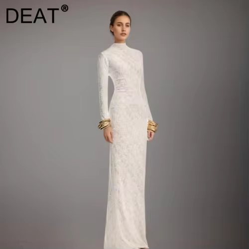 DEAT Fashion Lace Patchwork Long Dress Women's Round Neck Slim Fit Long Sleeves Side Slit Ankle-length Dresses All Season New