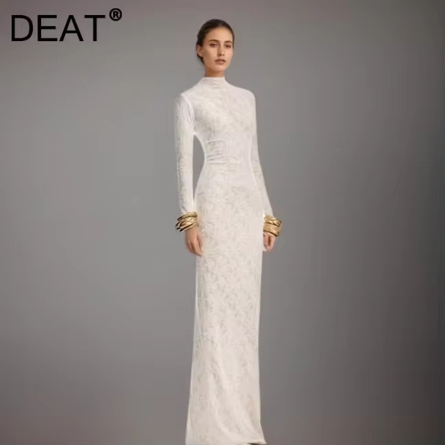 DEAT Fashion Lace Patchwork Long Dress Women's Round Neck Slim Fit Long Sleeves Side Slit Ankle-length Dresses All Season New