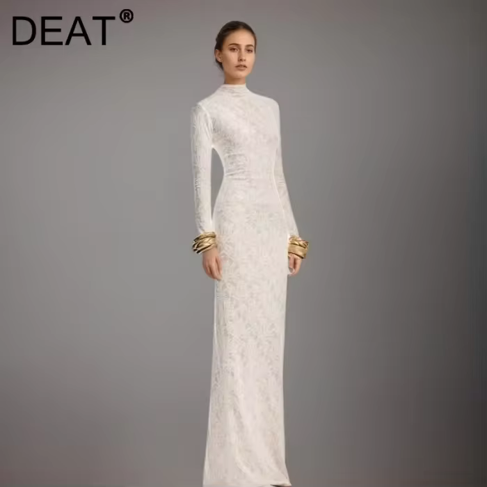 DEAT Fashion Lace Patchwork Long Dress Women's Round Neck Slim Fit Long Sleeves Side Slit Ankle-length Dresses All Season New