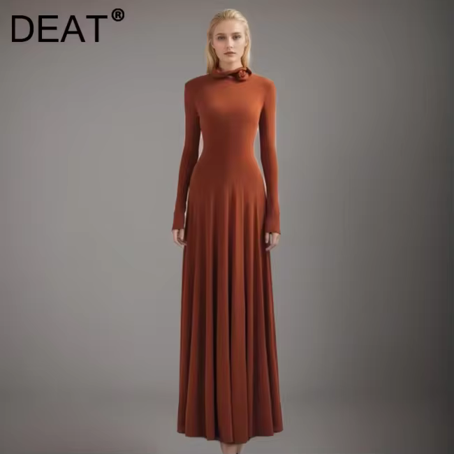 DEAT Fashion Collar 3D Floral Dress Women's Round Neck Slim Fit Elastic Long Sleeve Ankle-length Dresses All Season New Tide