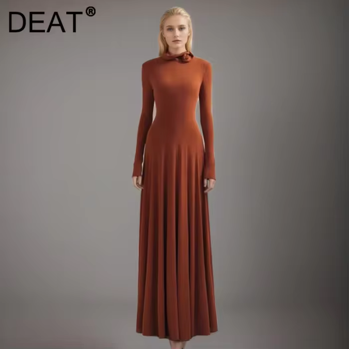 DEAT Fashion Collar 3D Floral Dress Women's Round Neck Slim Fit Elastic Long Sleeve Ankle-length Dresses All Season New Tide