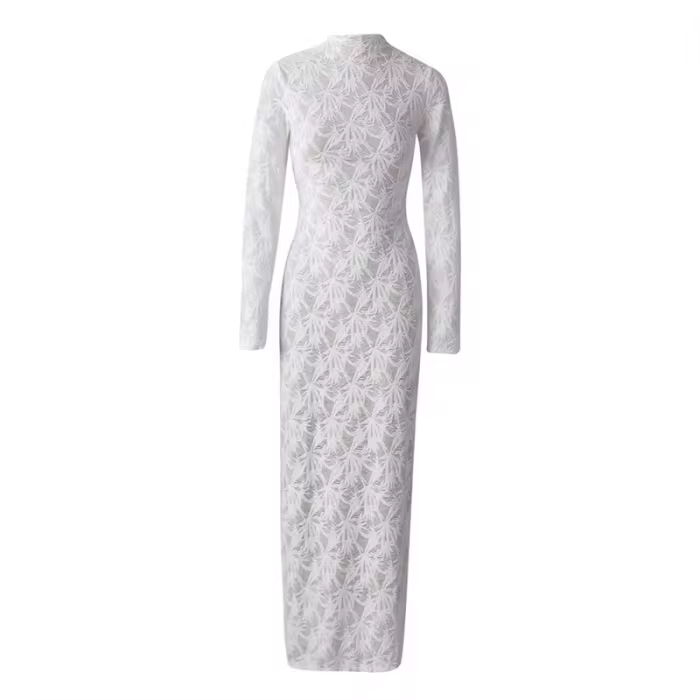 DEAT Fashion Lace Patchwork Long Dress Women's Round Neck Slim Fit Long Sleeves Side Slit Ankle-length Dresses All Season New