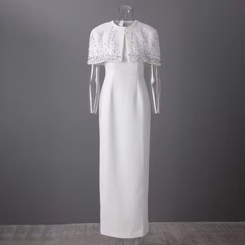 DEAT Fashion Nail Bead Shawl Cloak Long Dress Women's Round Neck Slim Fit Waist Contraction Floor-length Dresses Summer New Tide 35Z1410