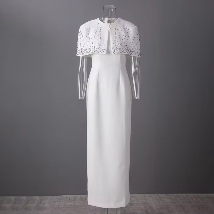 DEAT Fashion Nail Bead Shawl Cloak Long Dress Women's Round Neck Slim Fit Waist Contraction Floor-length Dresses Summer New Tide 35Z1410