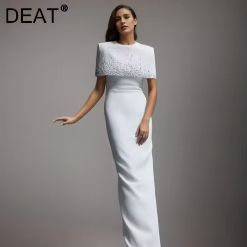 DEAT Fashion Nail Bead Shawl Cloak Long Dress Women's Round Neck Slim Fit Waist Contraction Floor-length Dresses Summer New Tide 35Z1410
