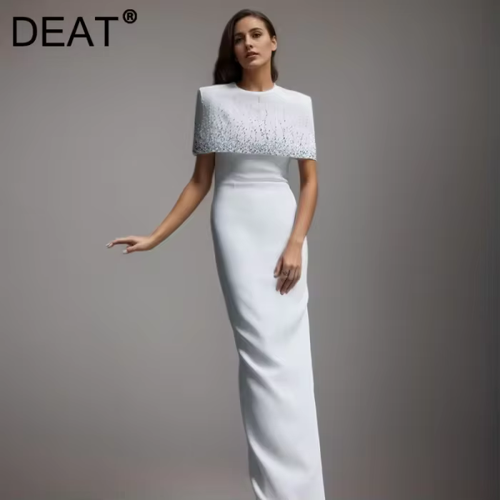DEAT Fashion Nail Bead Shawl Cloak Long Dress Women's Round Neck Slim Fit Waist Contraction Floor-length Dresses Summer New Tide 35Z1410