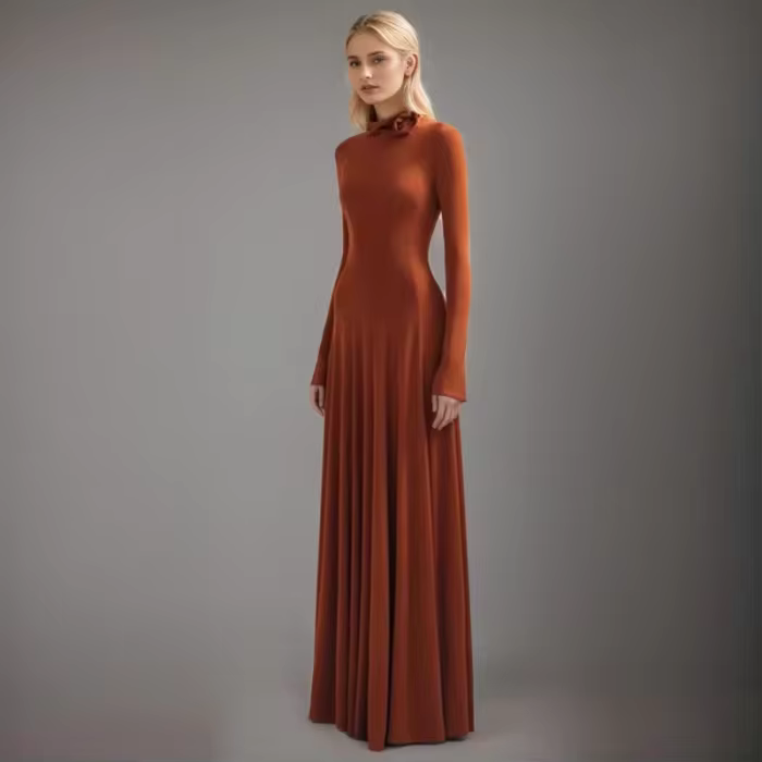 DEAT Fashion Collar 3D Floral Dress Women's Round Neck Slim Fit Elastic Long Sleeve Ankle-length Dresses All Season New Tide