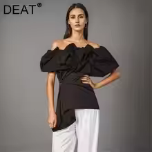 DEAT Fashion Black Off Shoulder Shirt Women's Slash Neck Side Button Flods Short Sleeves Irregular Blouse New Tide 1DJ0345