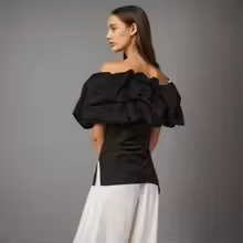 DEAT Fashion Black Off Shoulder Shirt Women's Slash Neck Side Button Flods Short Sleeves Irregular Blouse New Tide 1DJ0345