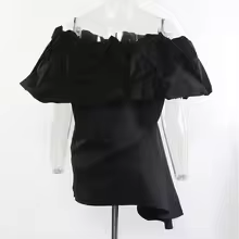 DEAT Fashion Black Off Shoulder Shirt Women's Slash Neck Side Button Flods Short Sleeves Irregular Blouse New Tide 1DJ0345