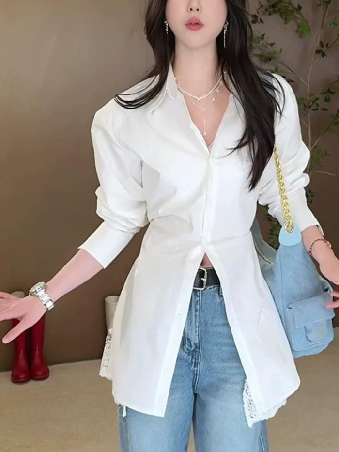 DEAT fashion Design sense back gauze lace belt spliced v neck solid color single breasted long sleeve slim women's shirt 2025 summer new tide DLZ1135